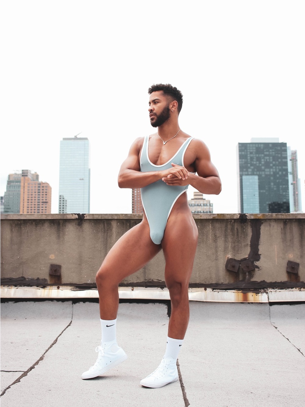 JJ Malibu Blue Ribbed High-Cut Thong Bodysuit
